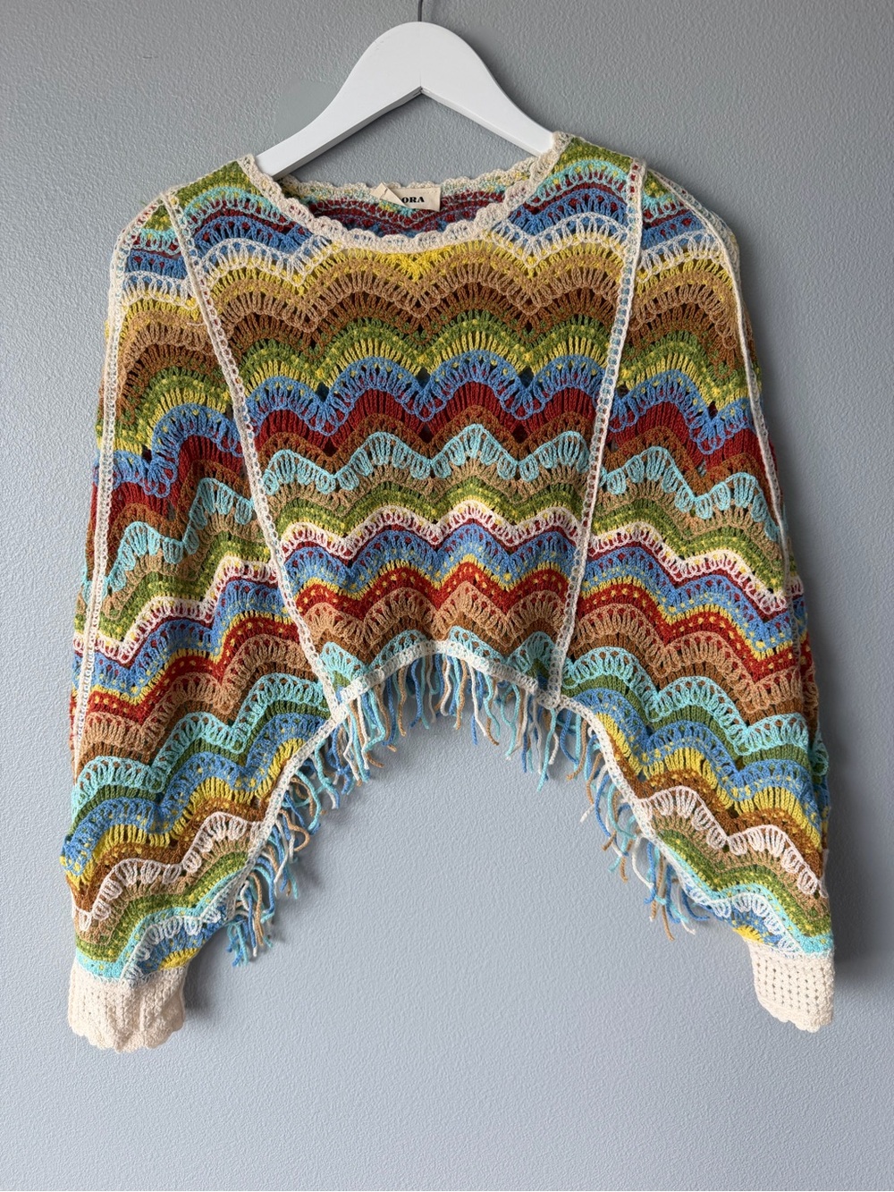 Adora colorful striped crochet fringe poncho sweater Women’s OS
